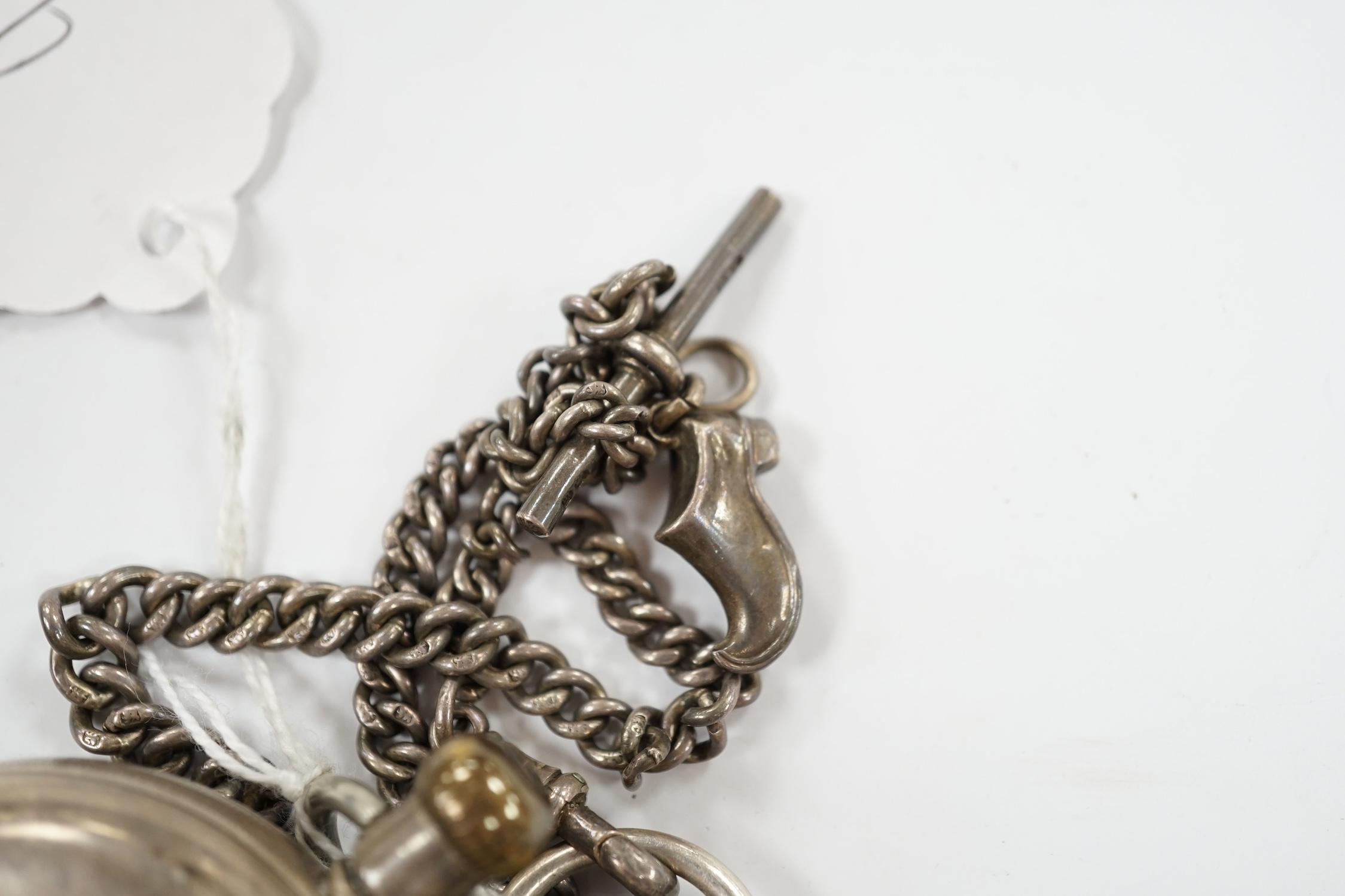 A silver open faced black dial pocket watch with a silver albert, together with a silver Waltham open face pocket watch, with Roman dial. Condition - poor to fair